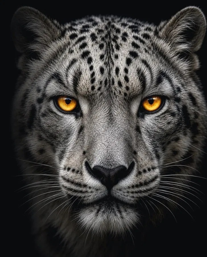 A snow leopard's face emerging from darkness